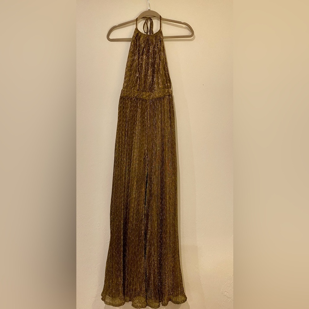 Walk on Sunshine Shiny Gold Wide-Leg Halter Jumpsuit